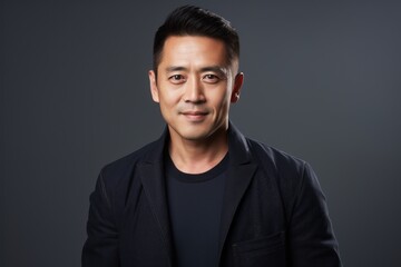 Obraz premium Portrait of a handsome asian man in black jacket on grey background