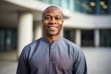 Portrait photography of a satisfied Nigerian black man in his 40s wearing a simple tunic against a modern architectural background 