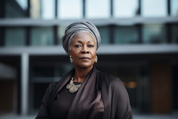 Fototapeta premium Medium shot portrait photography of a serious Nigerian black woman in her 50s wearing a sleek suit against a modern architectural background 