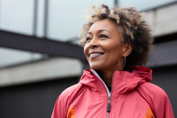 Portrait photography of a pleased Nigerian black woman in her 50s wearing a lightweight windbreaker against a modern architectural background 