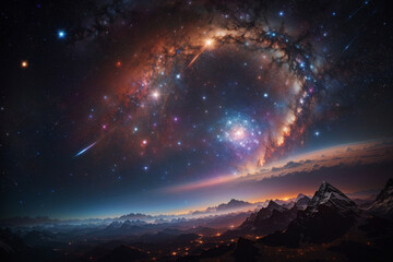 Fototapeta premium Colorful space galaxy cloud nebula. Stary night cosmos. Universe science astronomy. Supernova background wallpaper. Generative Al