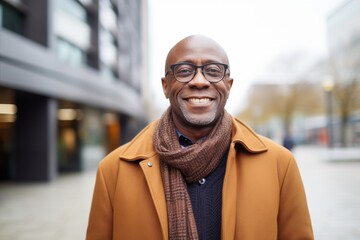 Obraz premium Medium shot portrait photography of a satisfied Nigerian black man in his 50s wearing a chic cardigan against a modern architectural background 