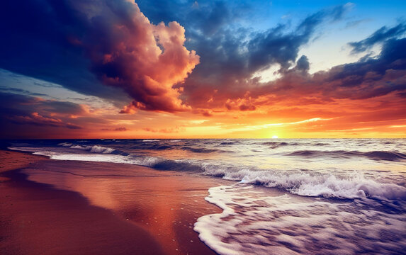 Beautiful sunset at the beach. Relaxing landscape image. Summer vacation.