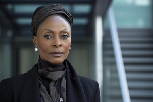 Medium Shot Portrait Photography Of A Serious Nigerian Black Woman In Her 50s Wearing A Sleek Suit Against A Modern Architectural Background 