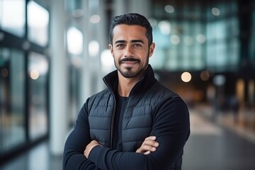 Medium shot portrait photography of a satisfied Saudi Arabian man in his 30s wearing a chic cardigan against a modern architectural background 