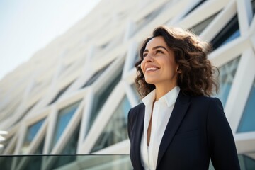 Portrait photography of a pleased Saudi Arabian woman in her 40s wearing a classic blazer against a modern architectural background 