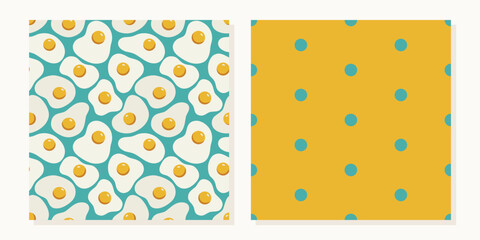 Set of patterns scrambled eggs on a turquoise background flat cartoon style and polka dot on a yellow background. Breakfast food pattern for paper, menu, textile, kitchen.