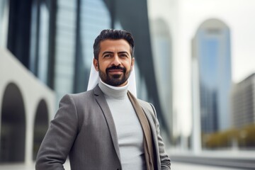 Naklejka premium Portrait photography of a pleased Saudi Arabian man in his 40s wearing a chic cardigan against a modern architectural background 