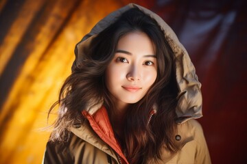 Fototapeta premium Portrait photography of a pleased Chinese woman in her 30s wearing a warm parka against an abstract background 