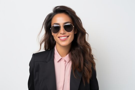Portrait of a smiling businesswoman in sunglasses on white background.