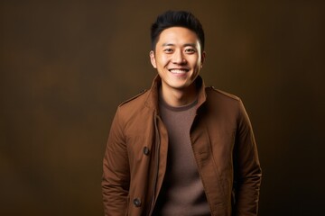 Fototapeta premium Portrait photography of a happy Chinese man in his 30s wearing a chic cardigan against an abstract background 