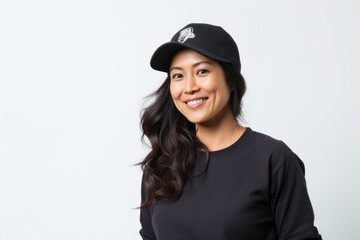 Beautiful asian woman wearing black t-shirt and cap on white background