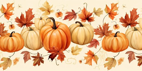 Naklejka na ściany i meble Fall Pattern with Pumpkins on Cream Background - Embracing the Beauty of the Season - Watercolor Foliage and Maple Leaves Generative AI Digital Illustration