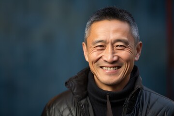 Fototapeta premium Portrait photography of a happy Chinese man in his 40s wearing a foulard against an abstract background 
