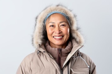 Smiling middle-aged asian woman wearing warm winter clothing on white background