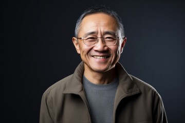 Obraz premium Portrait photography of a happy Chinese man in his 50s wearing a chic cardigan against an abstract background 
