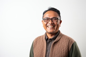 Portrait of a smiling Indian man in glasses against white background.