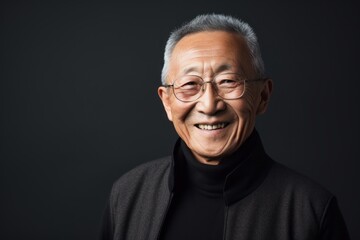 Fototapeta premium Portrait photography of a happy Chinese man in his 80s wearing a chic cardigan against an abstract background 