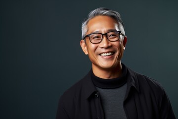 Obraz premium Portrait photography of a pleased Indonesian man in his 50s wearing a chic cardigan against an abstract background 
