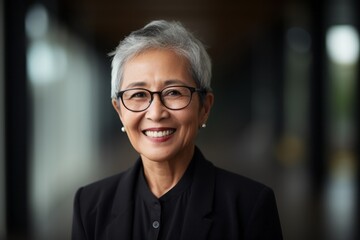 Portrait photography of a happy Indonesian woman in her 60s wearing a sleek suit against an abstract background 