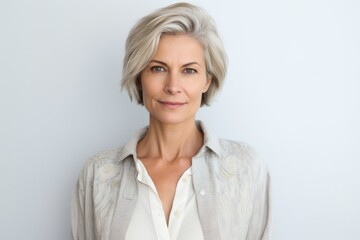 Portrait of mature businesswoman with grey hair against white background.