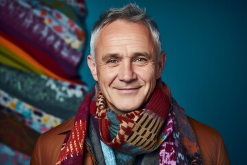 Portrait of a happy senior man with scarf over blue background.