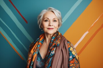 Portrait of a beautiful senior woman with short gray hair and a colorful shawl.