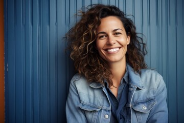 Medium shot portrait photography of a tender Brazilian woman in her 40s wearing a denim jacket against an abstract background 