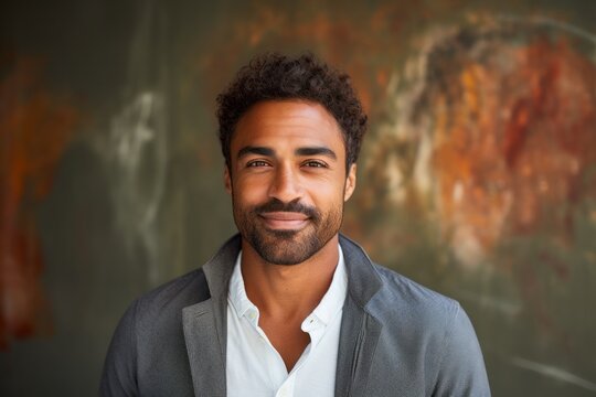 Portrait of handsome man smiling at camera against painted wall in room