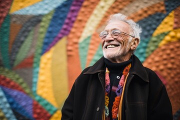 Portrait of happy senior man with eyeglasses smiling at camera against colourful wall