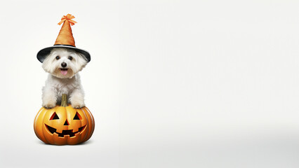 Süßer weißer Hund Mit Halloween Mütze steht auf Kürbis, ai generativ