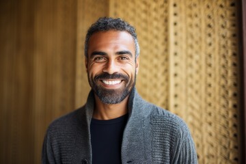 Portrait of a smiling man standing in front of a wooden wall