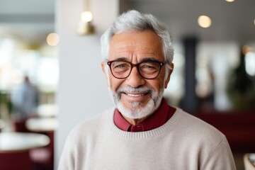Portrait of smiling senior man in eyeglasses looking at camera in cafe