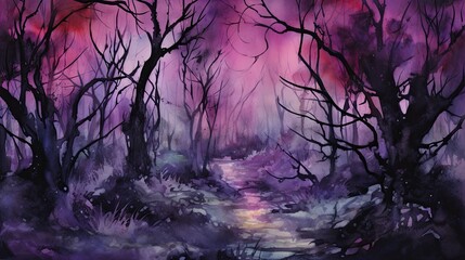 Foggy Spooky forest watercolor background. Fantasy landscape with mysterious trees. Dark scary woodland scene. Halloween concept. AI illustration..