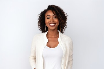 Fototapeta na wymiar happy african american woman in white pullover over white background
