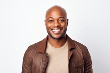 Obraz premium Portrait of handsome african american man smiling against white background