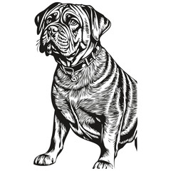 Bullmastiff dog cartoon face ink portrait, black and white sketch drawing, tshirt print realistic breed pet
