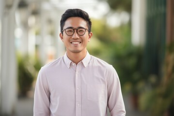 Portrait of a young Asian businessman with eyeglasses standing outdoors