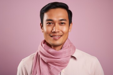 Fototapeta premium Portrait of a handsome young asian man wearing a pink scarf