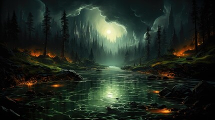 A painting of a river in a dark forest. Generative AI.