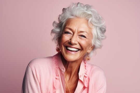 Portrait photography of a happy Russian woman in her 90s wearing a chic cardigan against a pastel or soft colors background 