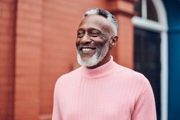 Obraz premium Portrait of a smiling senior man in pink sweater standing outdoors.