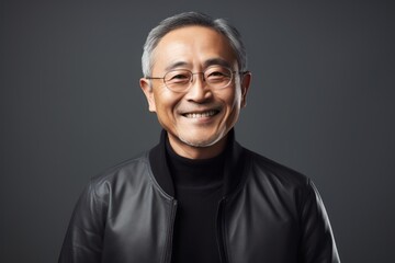 Fototapeta premium Portrait of happy asian senior man in black jacket and glasses
