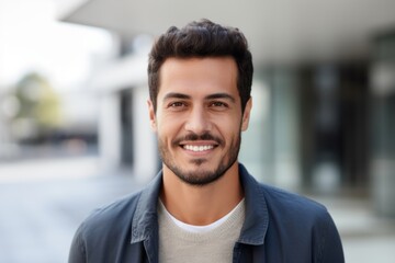 Obraz premium Handsome young man in casual clothes smiling at camera while standing outdoors