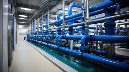 A large room with blue pipes and pipes. Generative AI. Water recovery or purification plant.