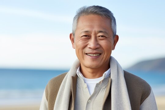 Portrait Of Happy Senior Man Standing On Beach With Hand On Chin