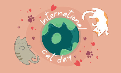 Background for the international cat day on August 8. With Funny cat footprint and earth.