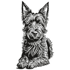 Scottish Terrier dog line illustration, black and white ink sketch face portrait in vector realistic breed pet