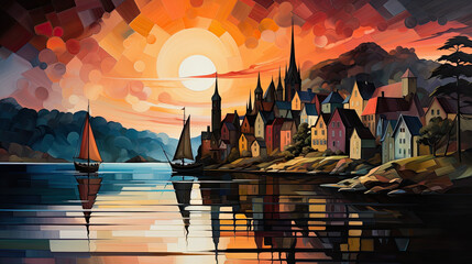 A painting of a sunset over a body of water. Generative AI.