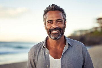 Portrait of handsome mature man smiling and looking at camera on the beach